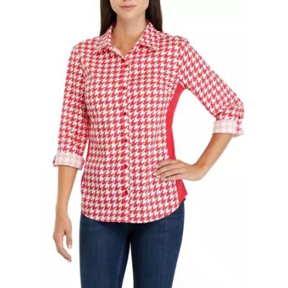 Kim Rogers | Roll Tab Knit to Fit Shirt Red And White Houndstooth - Picture 1 of 12